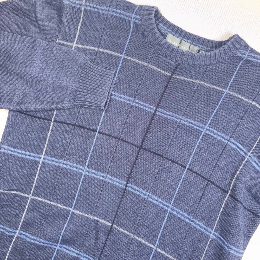 Oscar de la Renta Sweater Mens Large Blue Grid Windowpane Cotton Blend Crewneck